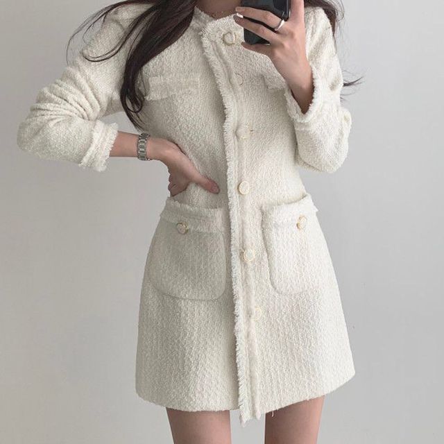 Coris - Long-Sleeve Fray Hem Mini A-Line Tweed Dress | YesStyle