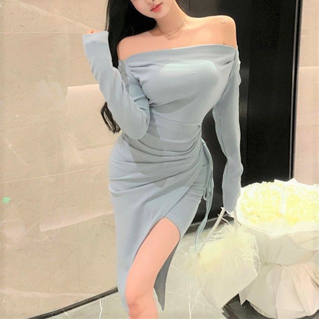 Magma - Off-Shoulder Long-Sleeve Plain Drawstring Midi Bodycon Dress |  YesStyle
