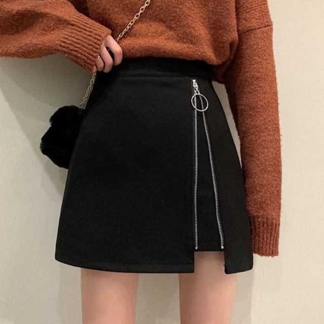 Sisyphi-High Rise Zip Front Mini A-Line Skirt