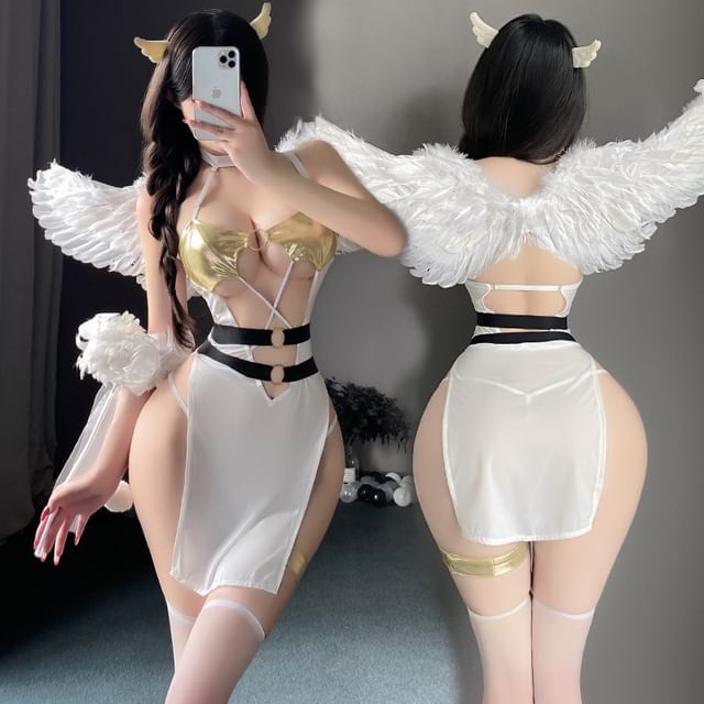 Candyiry-Set Halter Cutout Slit Babydoll G-String Garter