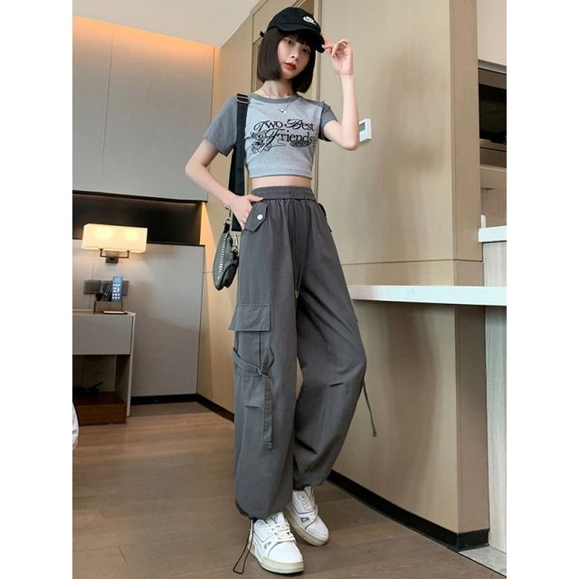 Supernova - High Waist Plain Drawstring Cargo Baggy Pants | YesStyle