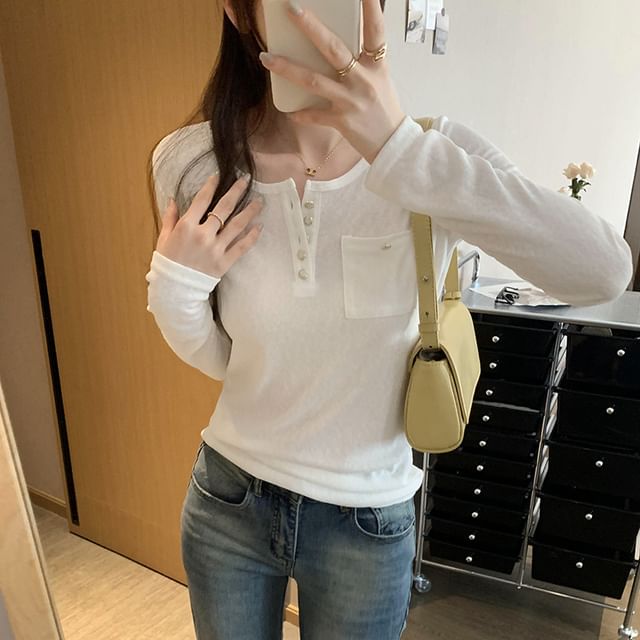 Asiris-Long-Sleeve Henley Plain T-Shirt