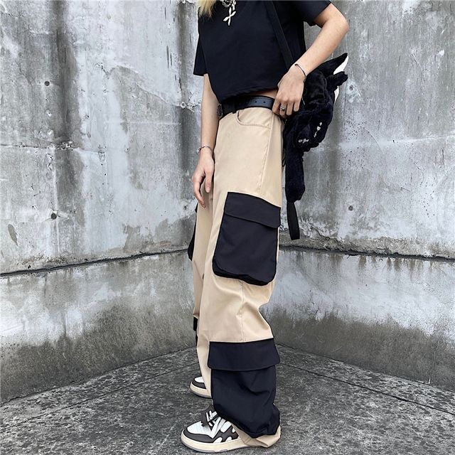 LiRoc - High-Waist Two-Tone Cargo Pants | YesStyle