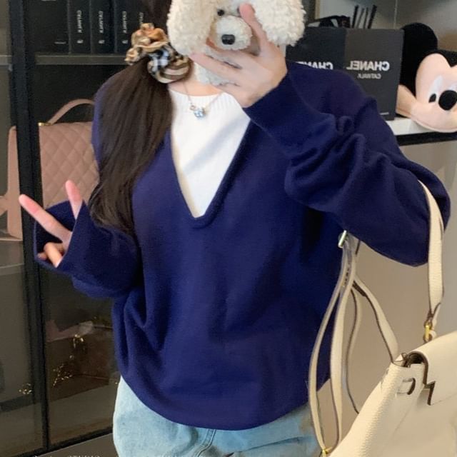 Beem-Round Neck Mock Two-Piece Two Tone Sweater