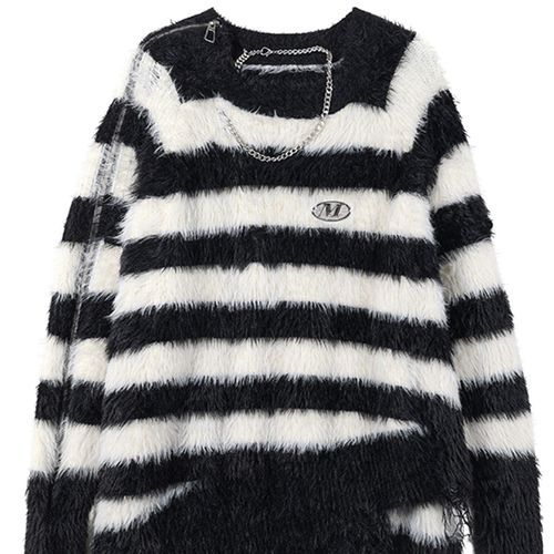 Lilybloorea - Crew Neck Striped Distressed Fluffy Sweater | YesStyle