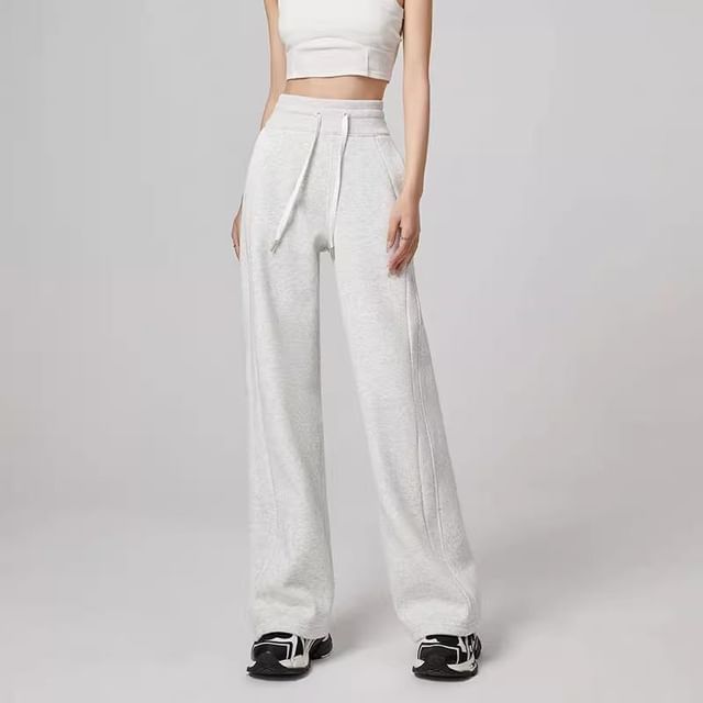 Runyz-Drawstring Waist Plain Wide Leg Sweatpants