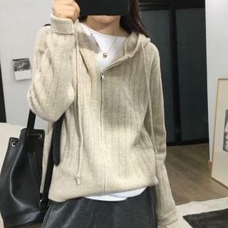 Bolgivy-Plain Zip-Up Knit Hoodie