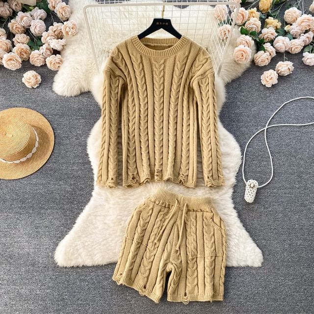 Cable Knit Sweater Sweater Shorts Sets Lucuna Set: Crew Neck Plain
