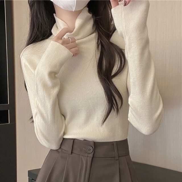 Sisyphi-Long-Sleeve Turtleneck Plain Knit Top