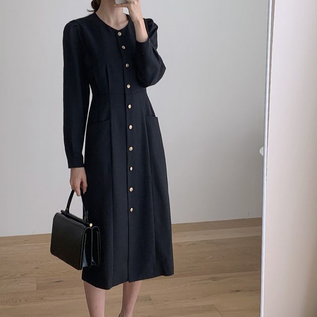 Coris-Long-Sleeve Plain Button Midi A-Line Dress