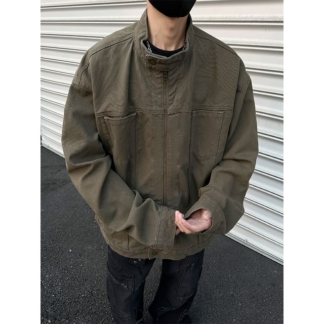 Plummie-Stand Collar Drop Shoulder Plain Oversized Zip Jacket