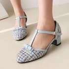 Freesia - Bow T-Strap Panel Tweed Pumps | YesStyle