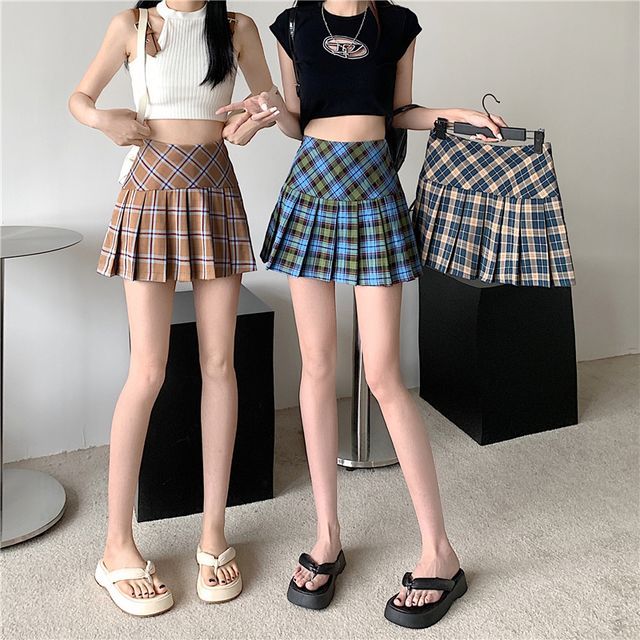 Pleated plaid outlet mini skirt 3d