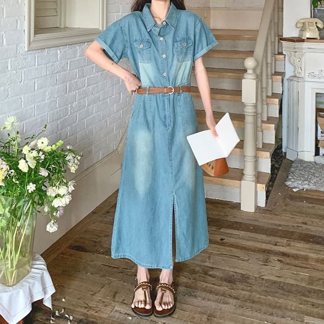 knee length dresses for ladies Medium Wash Celene Denim Maxi Dress main image 1
