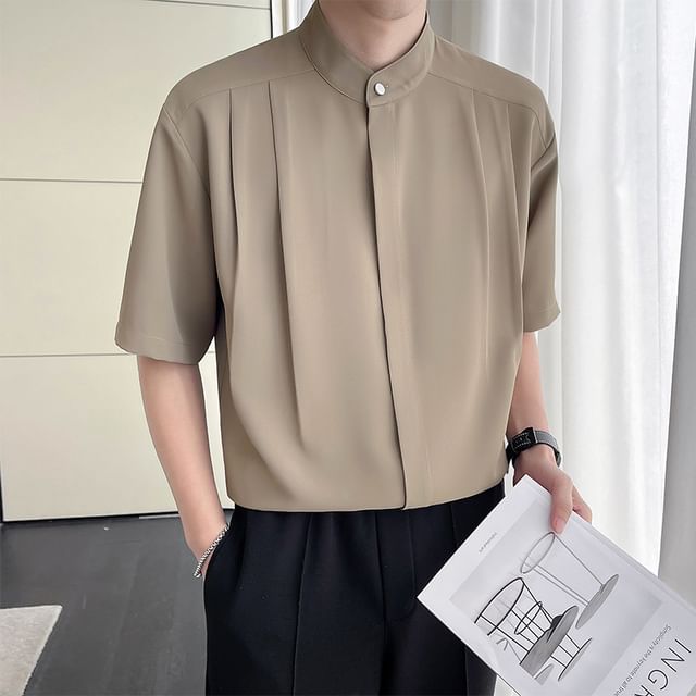 WidoWilder-Elbow-Sleeve Stand Collar Plain Button-Up Shirt