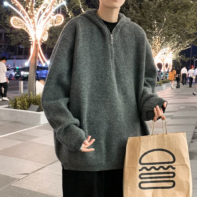Whyessa-Plain Ribbed Half-Zip Knit Hoodie