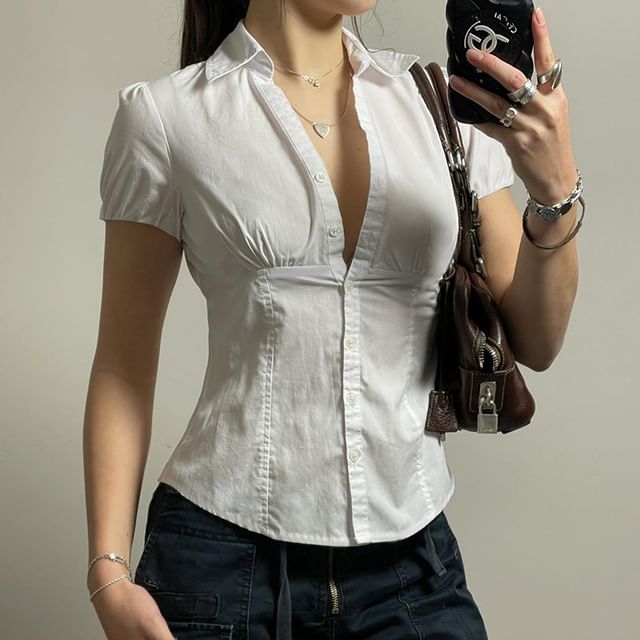 BrickBlack-Short-Sleeve Collared Plain Panel Shirt