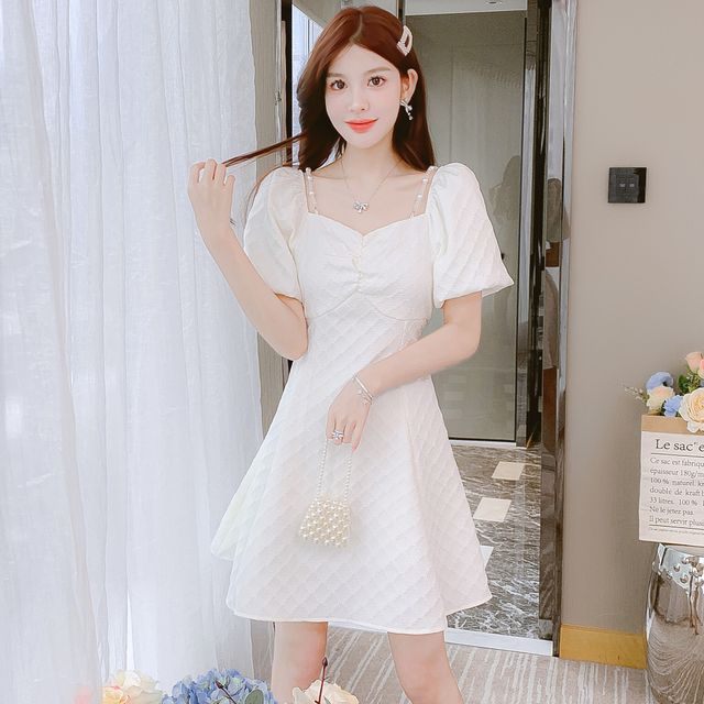 white pearl beaded square neck mini dress Say So White Beaded Mini Dress - US 4