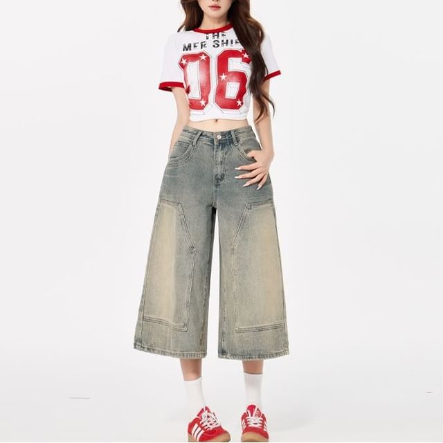 Denimot-Mid Rise Washed Panel Capri Wide Leg Jeans