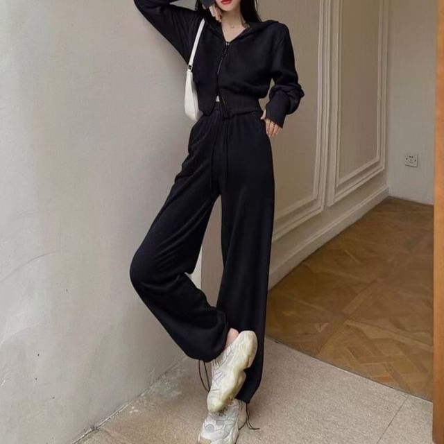 Everose-Set Plain Zip-Up Crop Hoodie Drawstring Waist Harem Sweatpants