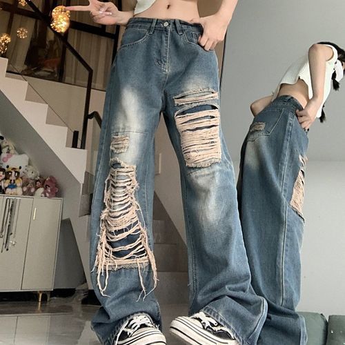 Porstina - Low Rise Ripped Wide Leg Jeans