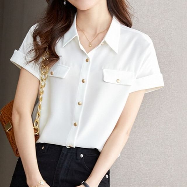 Dragan Pulse-Short-Sleeve Collared Button-Up Plain Blouse