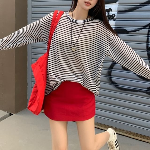 Allinya-Long-Sleeve Crew Neck Striped Tee