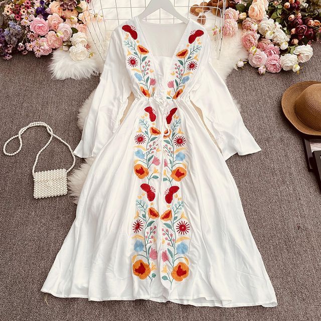 Dudu - Long-Sleeve Embroidered Midi A-Line Dress | YesStyle Dudu - Long-Sleeve Embroidered Midi A-Line Dress | YesStyle