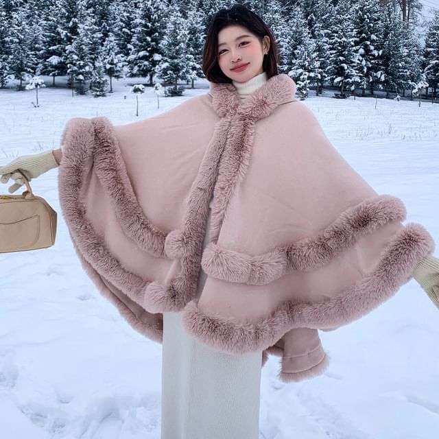 Frior-Plain Fluffy Trim Hooded Cape