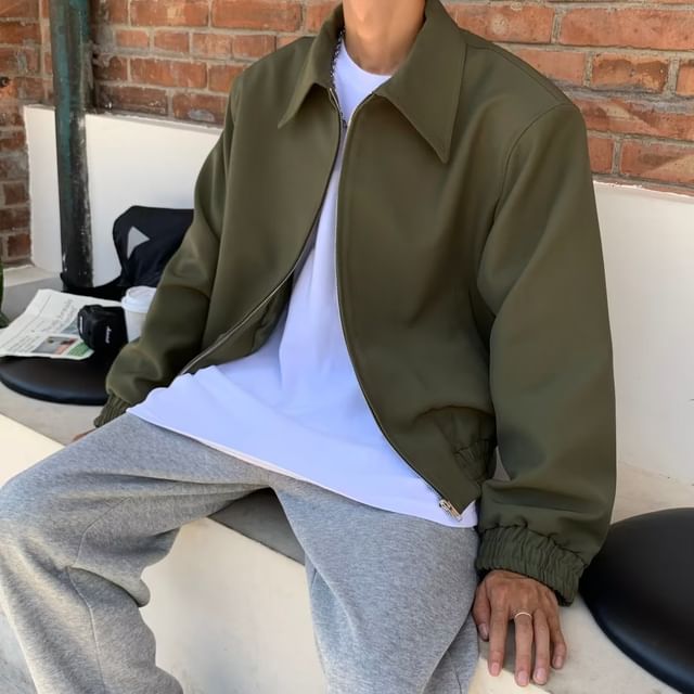 Omozando-Collar Plain Zip Jacket