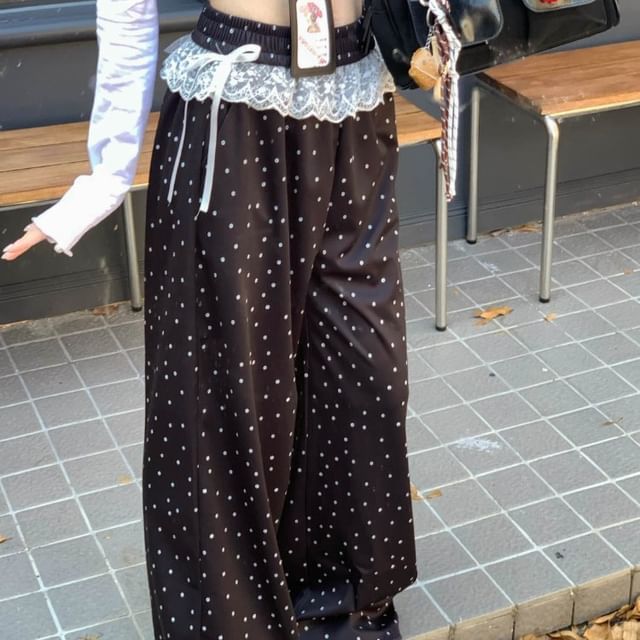 Beem-Elastic Waist Dotted Ruffle Wide Leg Pants