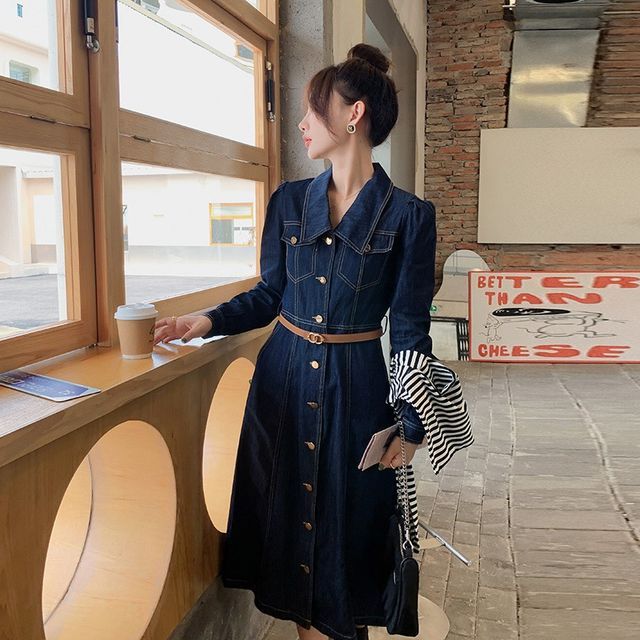 Poppis Long-Sleeve Denim Midi A-Line Shirt Dress YesStyle