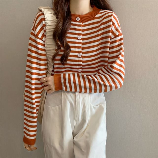 Sisyphi-Crew Neck Striped Button Up Cardigan