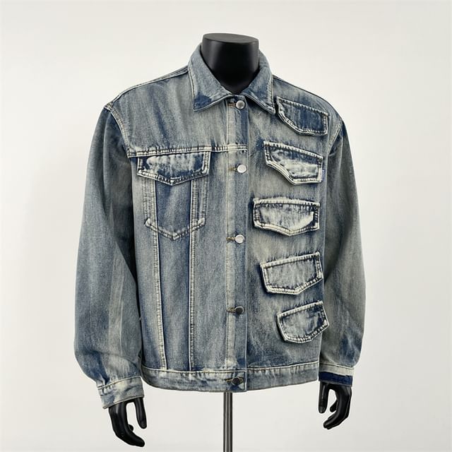 Plummie-Collared Washed Denim Oversized Button Jacket