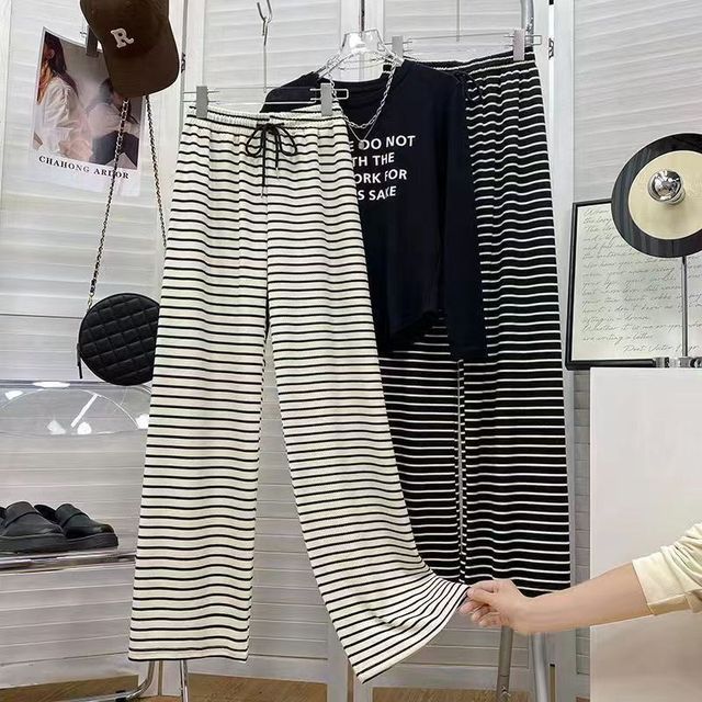 Everose-Drawstring Waist Striped Wide Leg Pants