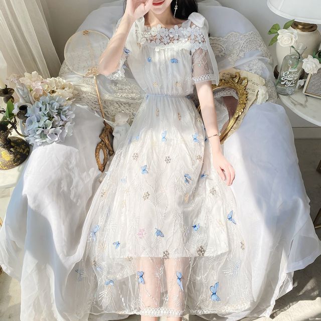 Moregirl - Short-Sleeve Butterfly Detail Lace Trim Midi A-Line Dress |  YesStyle