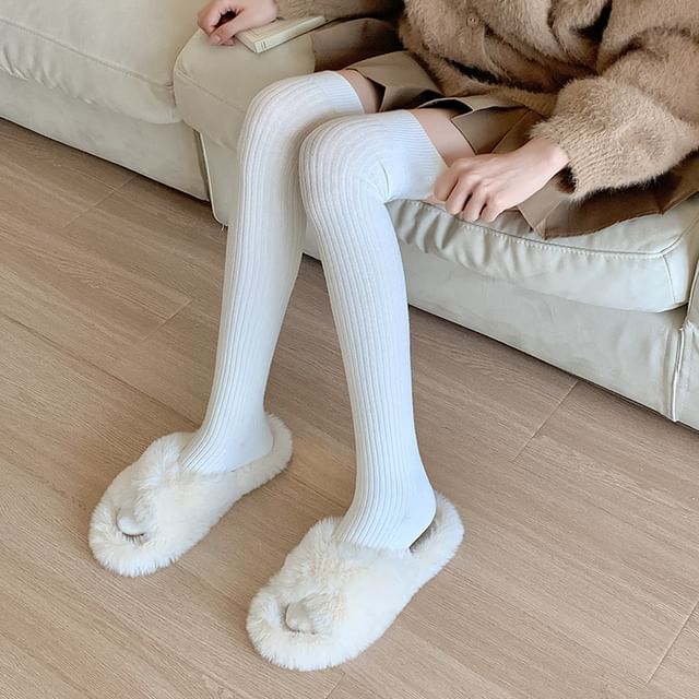 Mimiyu-Plain Ribbed Over The Knee Socks Set