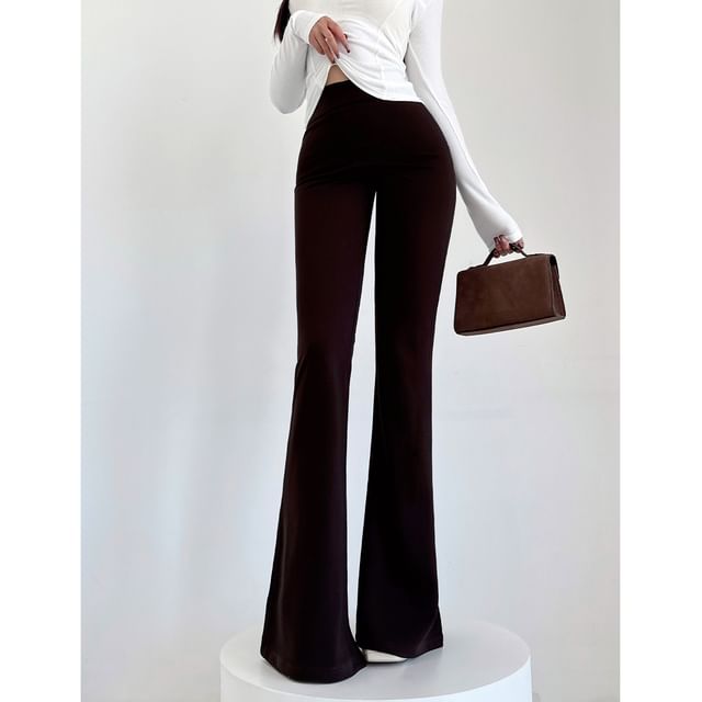 LIVIE-High Waist Plain Bootcut Pants Various Designs