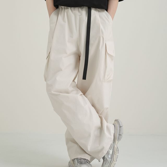 DAZO Studios-Mid Rise Plain Buckled Wide Leg Cargo Pants