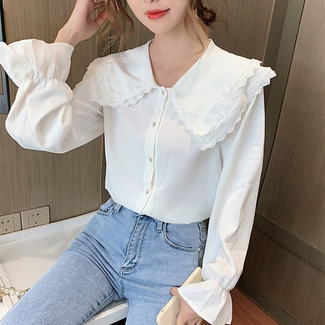 Everose-Puff-Sleeve V-Neck Lace Collar Plain Blouse