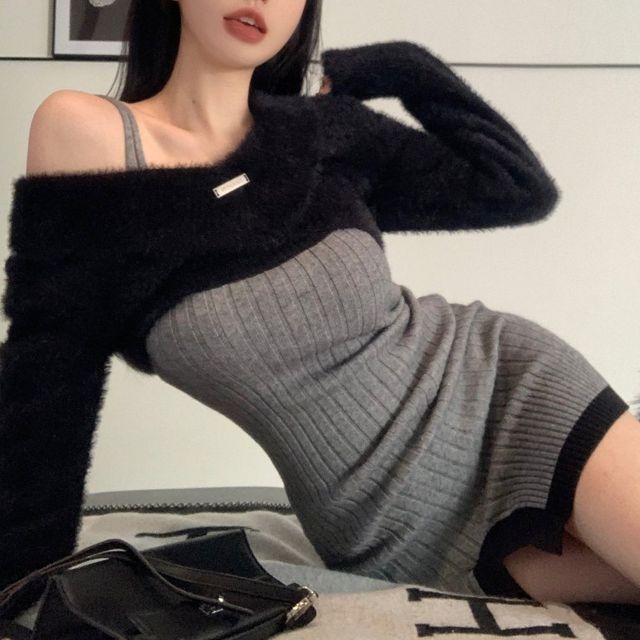 Lady Jean - Spaghetti Strap Square Neck Two Tone Slit Ribbed Knit Mini  Sheath Dress / V-Neck Plain Fluffy Crop Sweater | YesStyle