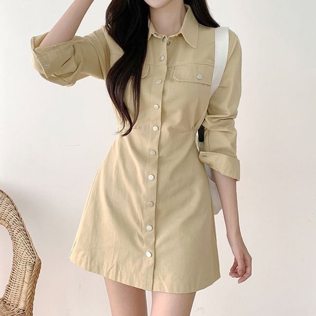 Coris - Long-Sleeve Collared Plain Mini Shirt Dress | YesStyle