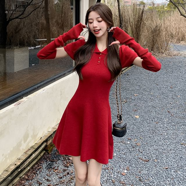knit dress for work Black Ribbed Knit Midi Dress | Long Sleeve Collared Polo Sweater Dress for  Work & Evening | Bodycon Fit with Contrast Ruffle Trim main image 1