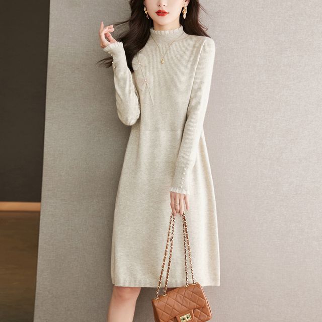 Maple Fair - Long-Sleeve Mock Neck Plain A-Line Knit Dress | YesStyle