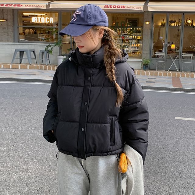 Sienne-Mock Neck Zip-Up Plain Puffer Jacket