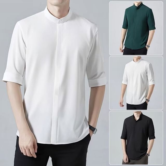 Lingaris-Elbow-Sleeve Stand Collar Plain Shirt