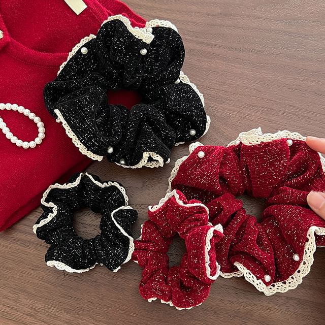 Jael-Glitter Lace Trim Velvet Scrunchie