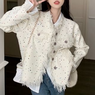 Ukiyo-Round Neck Melange Fringe Tweed Jacket