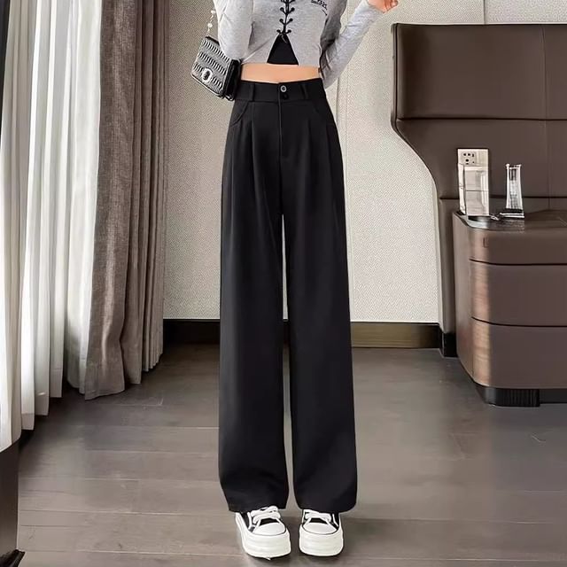 Dovitade-High Waist Plain Wide Leg Slacks