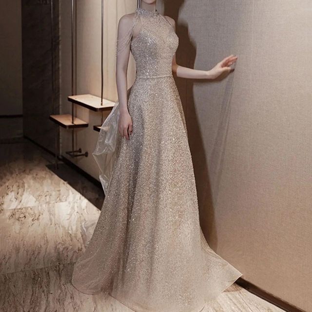 DreesHouse-Cold-Shoulder Sequined A-Line Evening Gown